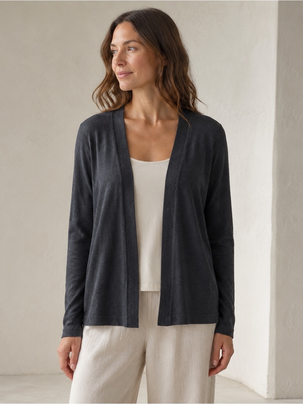 Eileen Fisher Linen Cardigan XL Charcoal Open Cardigan